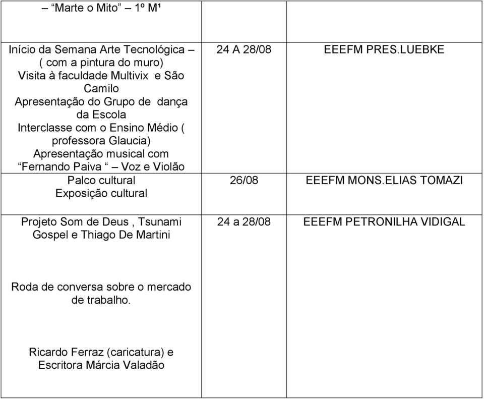 cultural Exposição cultural Projeto Som de Deus, Tsunami Gospel e Thiago De Martini 24 A 28/08 EEEFM PRES.LUEBKE 26/08 EEEFM MONS.