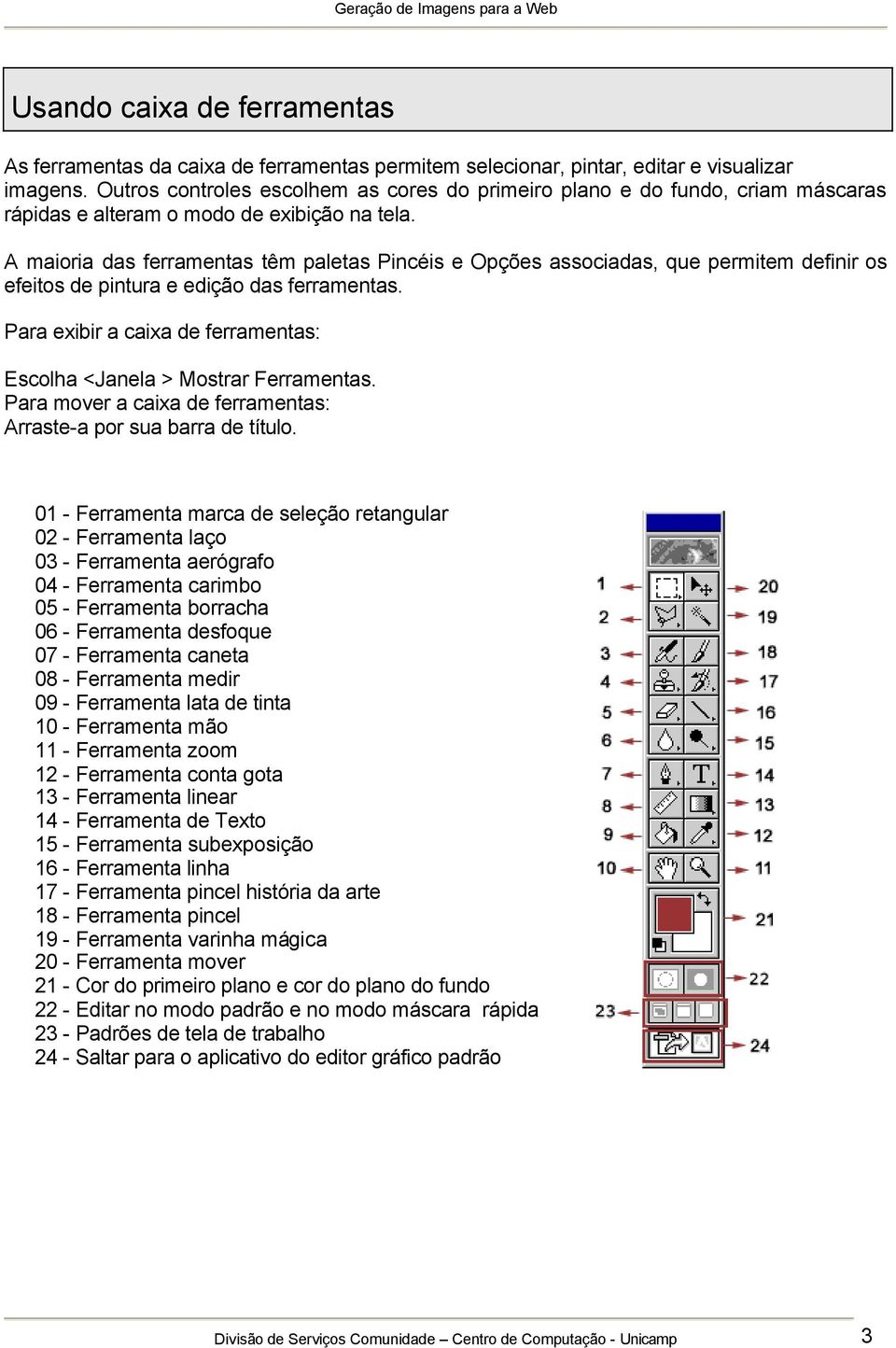 A maioria das ferramentas têm paletas Pincéis e Opções associadas, que permitem definir os efeitos de pintura e edição das ferramentas.