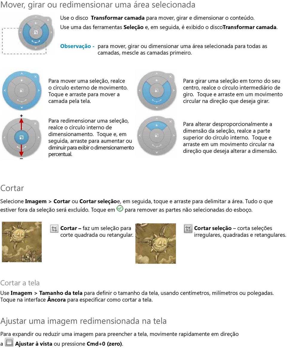 Observação - para mover, girar ou dimensionar uma área selecionada para todas as camadas, mescle as camadas primeiro. Para mover uma seleção, realce o círculo externo de movimento.