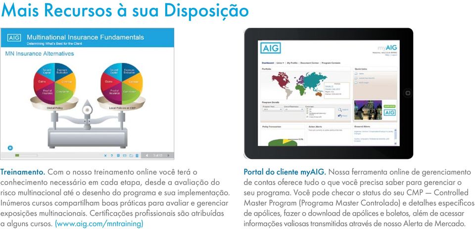 Inúmeros cursos compartilham boas práticas para avaliar e gerenciar exposições multinacionais. Certificações profissionais são atribuídas a alguns cursos. (www.aig.