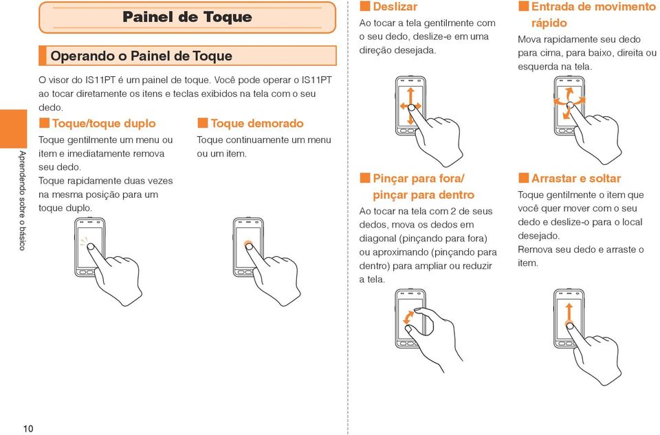 Painel de Toque Toque continuamente um menu ou um item. Deslizar Ao tocar a tela gentilmente com o seu dedo, deslize-e em uma direção desejada.