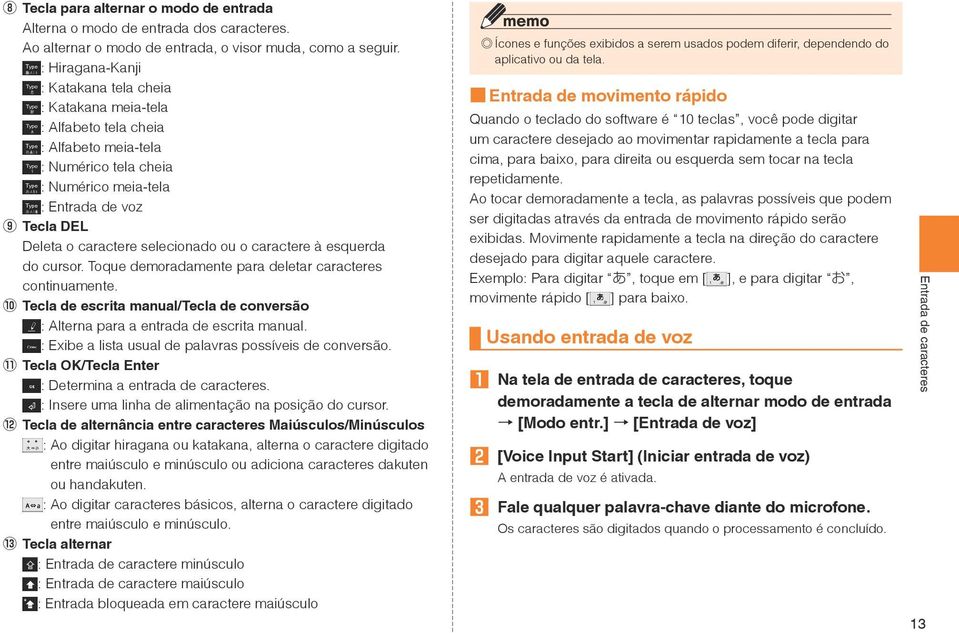 selecionado ou o caractere à esquerda do cursor. Toque demoradamente para deletar caracteres continuamente. 10 Tecla de escrita manual/tecla de conversão : Alterna para a entrada de escrita manual.