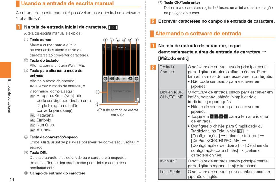 2 Tecla do teclado Alterna para a entrada iwnn IME. 3 Tecla para alternar o modo de entrada Alterna o modo de entrada. Ao alternar o modo de entrada, o visor muda, como a seguir.