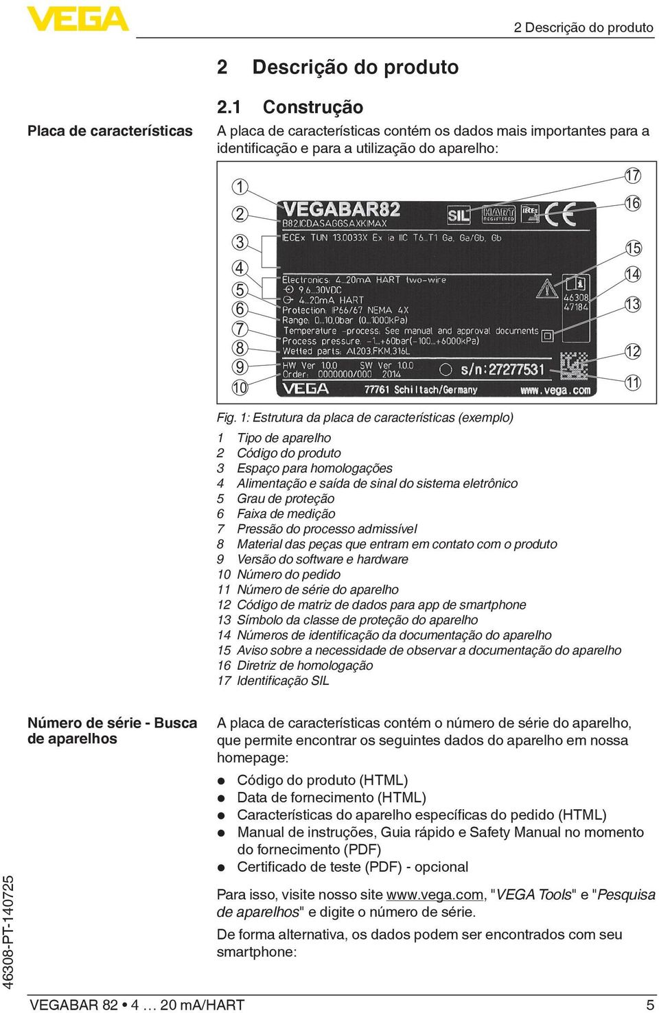 1: Estrutura da placa de características (exemplo) 1 Tipo de aparelho 2 Código do produto 3 Espaço para homologações 4 Alimentação e saída de sinal do sistema eletrônico 5 Grau de proteção 6 Faixa de