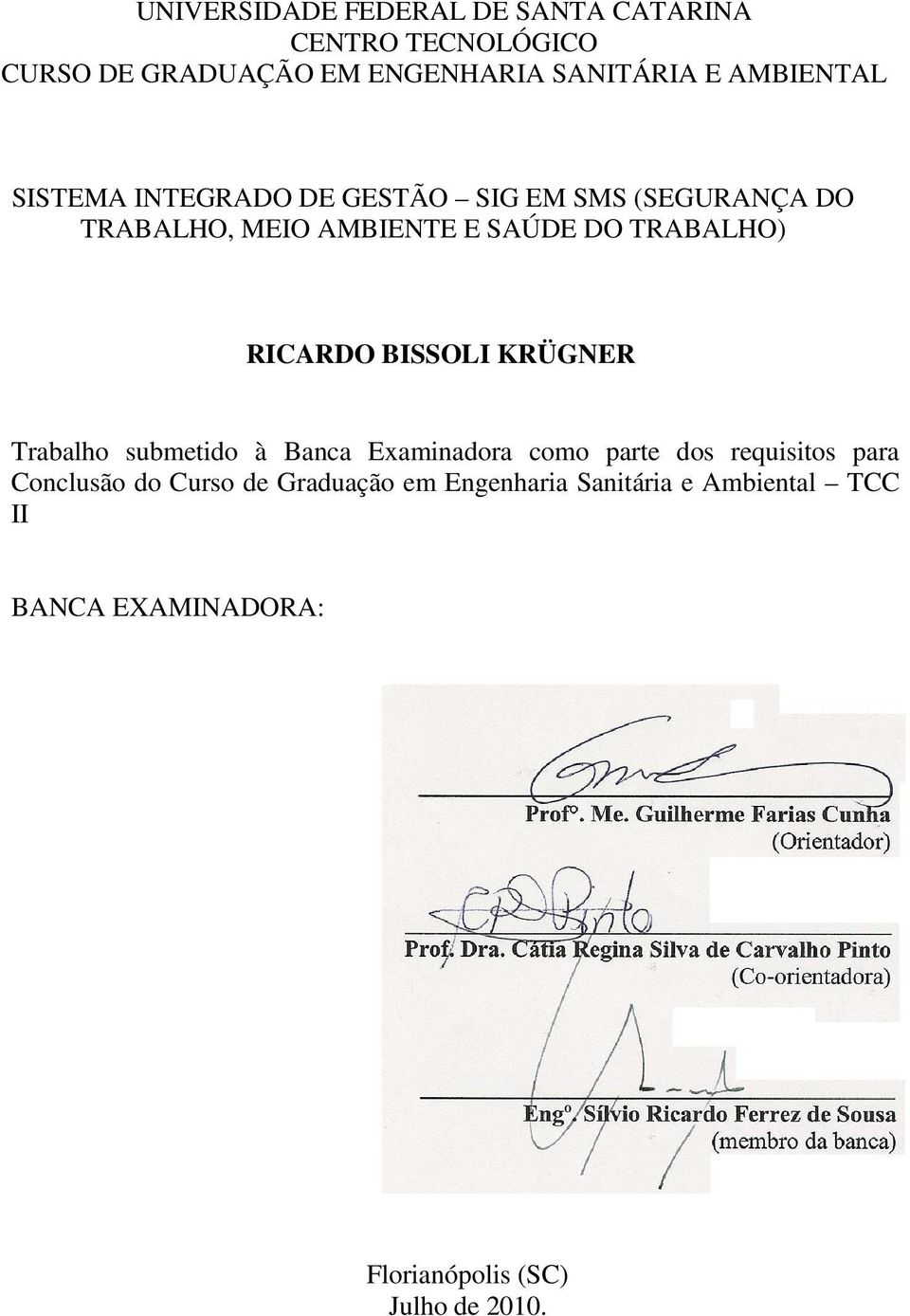 RICARDO BISSOLI KRÜGNER Trabalho submetido à Banca Examinadora como parte dos requisitos para Conclusão do