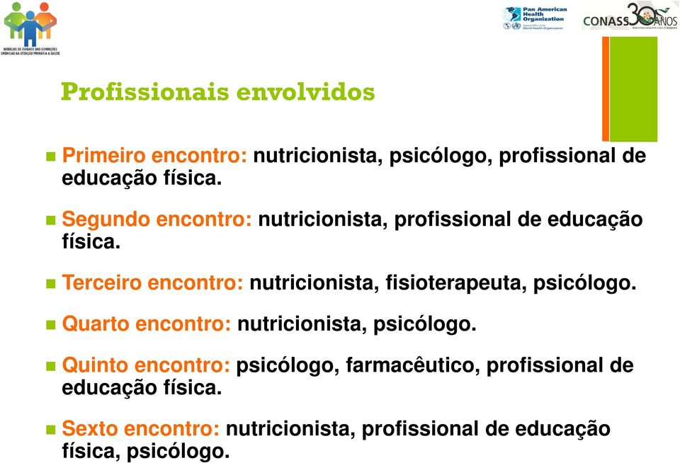 Terceiro encontro: nutricionista, fisioterapeuta, psicólogo. Quarto encontro: nutricionista, psicólogo.