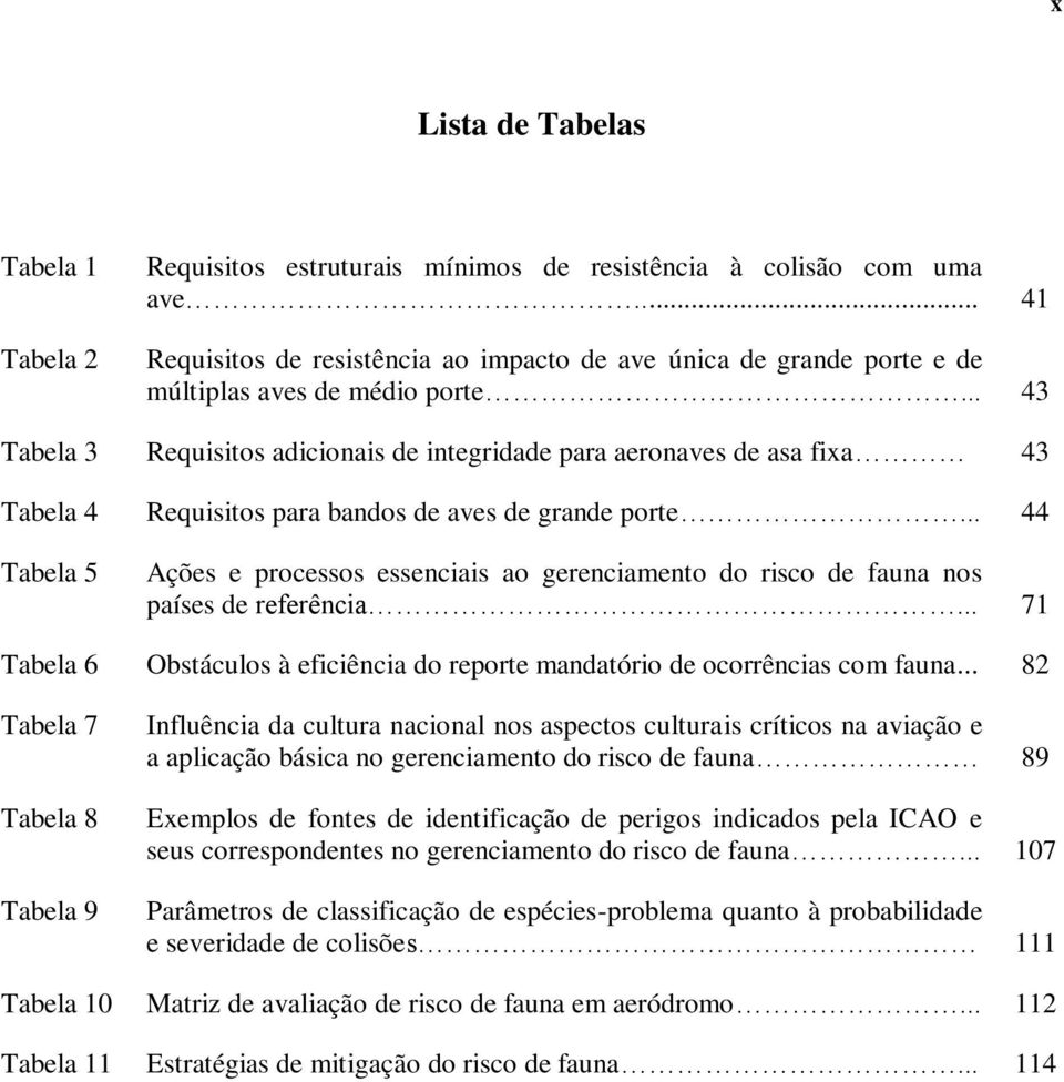 .. 43 Tabela 3 Requisitos adicionais de integridade para aeronaves de asa fixa 43 Tabela 4 Requisitos para bandos de aves de grande porte.