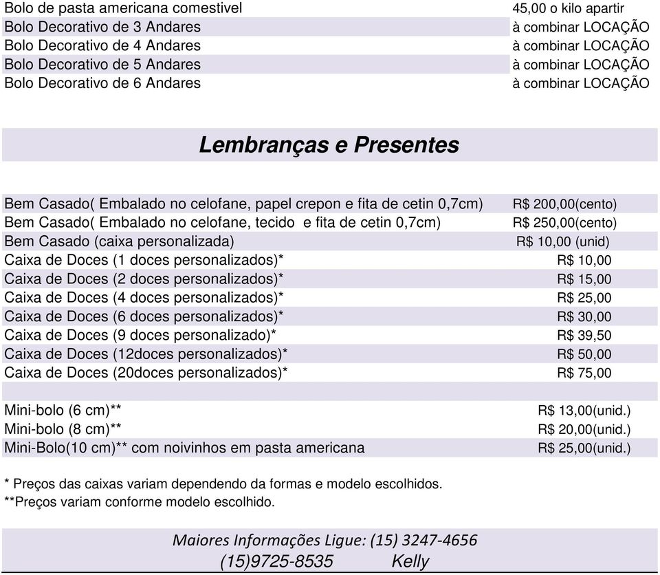 10,00 (unid) Caixa de Doces (1 doces personalizados)* R$ 10,00 Caixa de Doces (2 doces personalizados)* R$ 15,00 Caixa de Doces (4 doces personalizados)* R$ 25,00 Caixa de Doces (6 doces