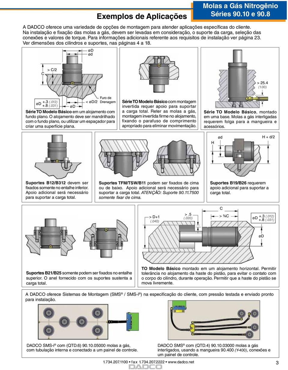 Para informações adicionais referente aos requisitos de instalação ver página 23. Ver dimensões dos cilindros e suportes, nas páginas 4 a 18. ød ød Molas a Gás Nitrogênio > /2 > 25.4 () Furo de ød +.