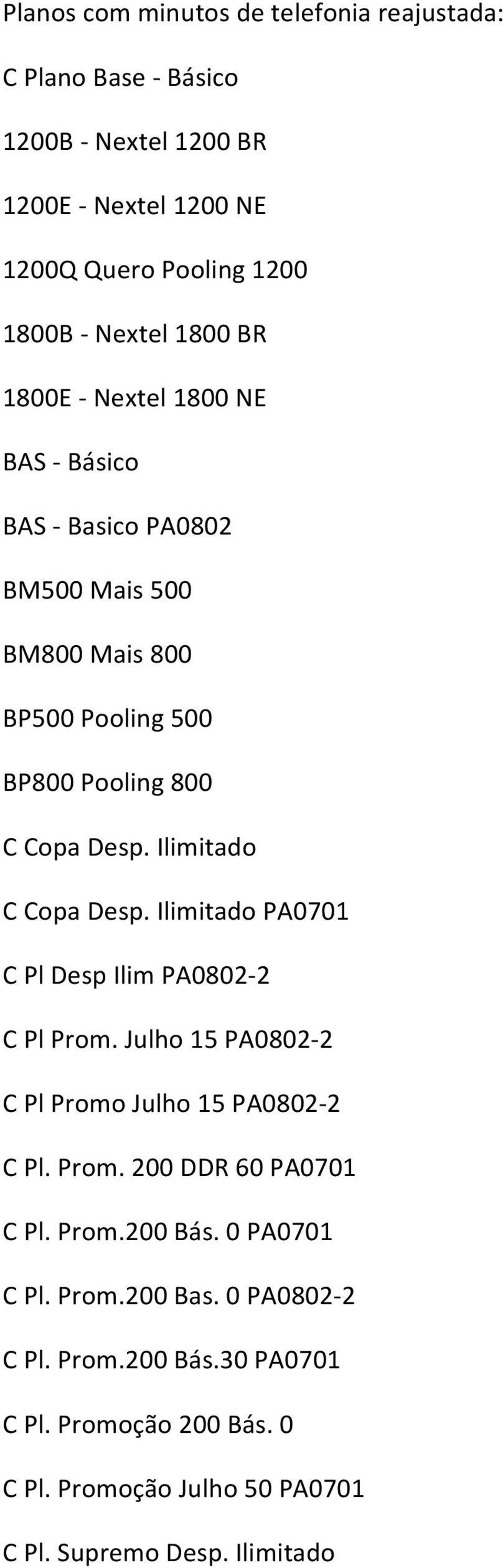 Ilimitado PA0701 C Pl Desp Ilim PA0802 2 C Pl Prom. Julho 15 PA0802 2 C Pl Promo Julho 15 PA0802 2 C Pl. Prom. 200 DDR 60 PA0701 C Pl. Prom.200 Bás.