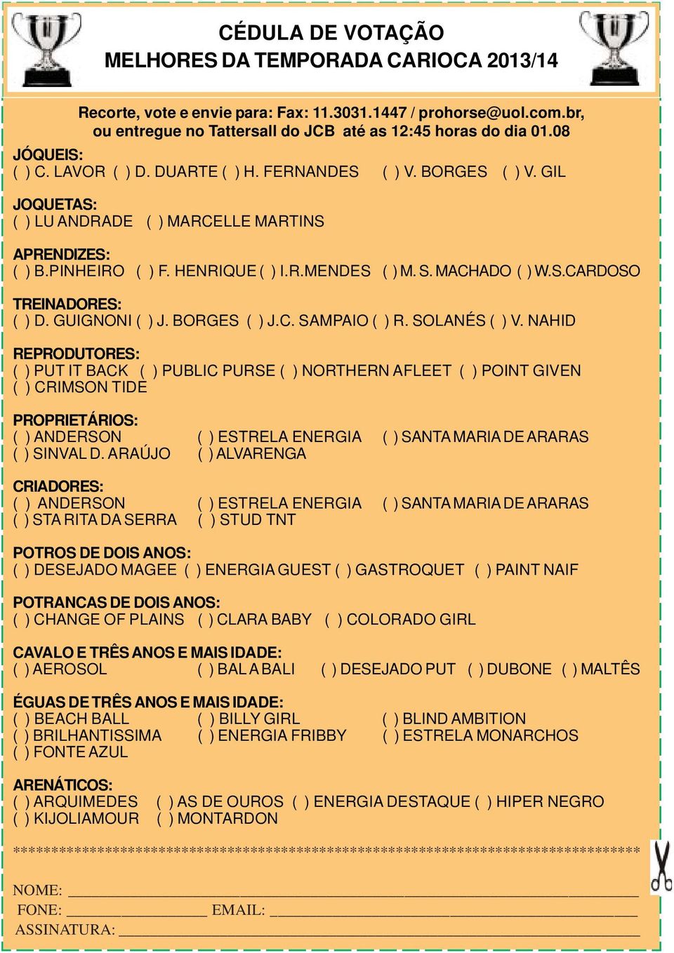 MACHADO ( ) W.S.CARDOSO TREINADORES: ( ) D. GUIGNONI ( ) J. BORGES ( ) J.C. SAMPAIO ( ) R. SOLANÉS ( ) V.