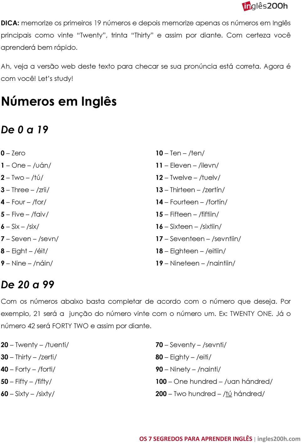 Números em Inglês De 0 a 19 0 Zero 1 One /uán/ 2 Two /tú/ 3 Three /zrii/ 4 Four /for/ 5 Five /faiv/ 6 Six /six/ 7 Seven /sevn/ 8 Eight /éit/ 9 Nine /náin/ 10 Ten /ten/ 11 Eleven /ilevn/ 12 Twelve