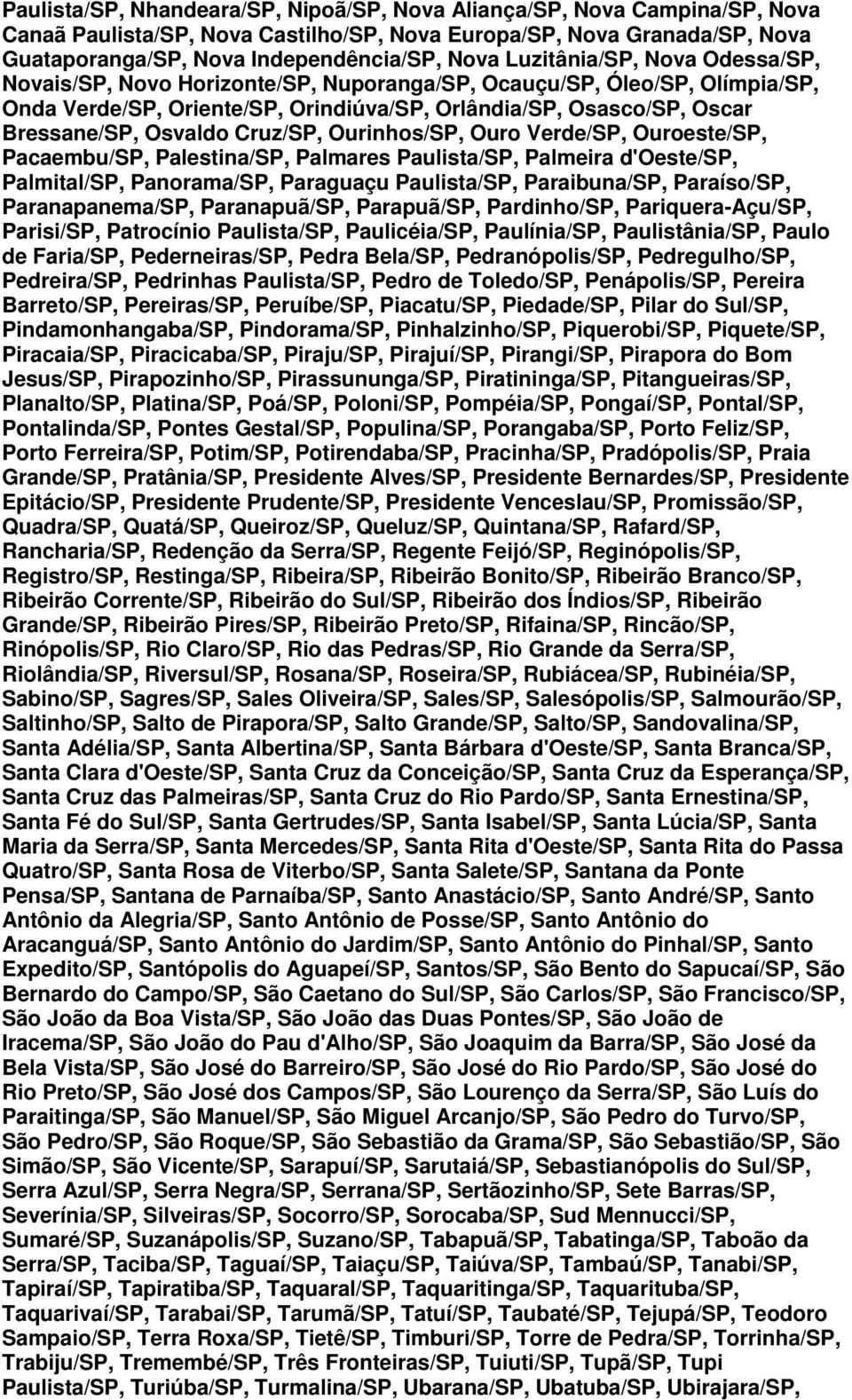 Cruz/SP, Ourinhos/SP, Ouro Verde/SP, Ouroeste/SP, Pacaembu/SP, Palestina/SP, Palmares Paulista/SP, Palmeira d'oeste/sp, Palmital/SP, Panorama/SP, Paraguaçu Paulista/SP, Paraibuna/SP, Paraíso/SP,