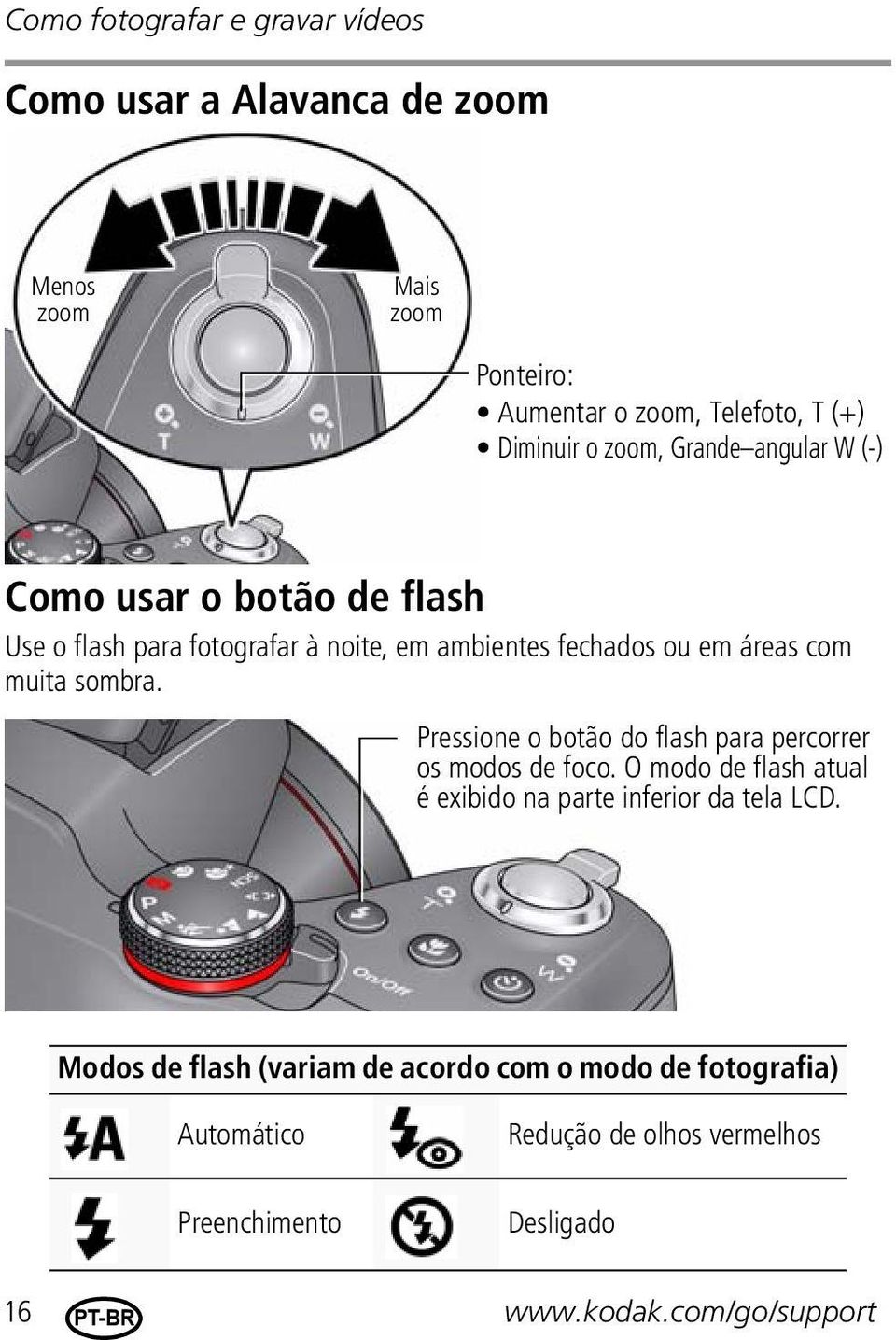 sombra. Pressione o botão do flash para percorrer os modos de foco. O modo de flash atual é exibido na parte inferior da tela LCD.
