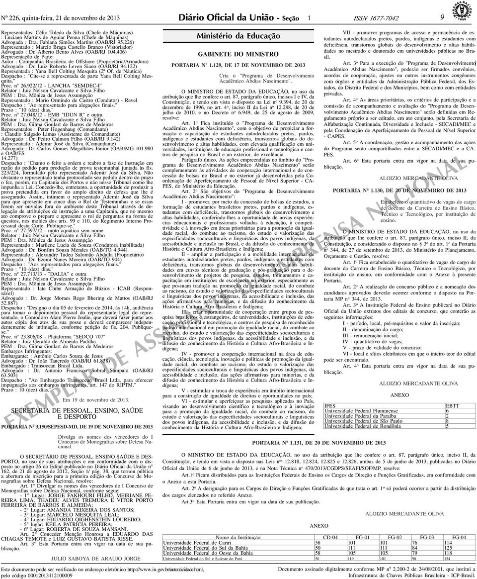 406) Representação de Parte: Autor : Companhia Brasileira de Offshore (Proprietária/Armadora) Advogado : Dr. Luiz Roberto Leven Siano (OAB/RJ 94.22) Representada : Yana Bell Colting Mesquita (2ª Of.