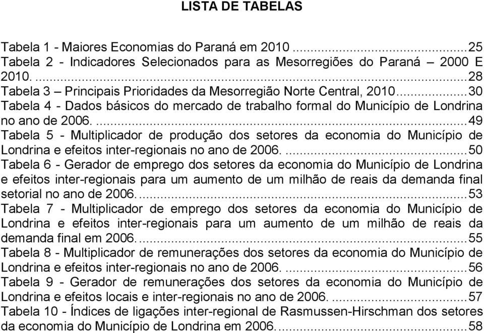 ... 49 Tabela 5 - Multiplicador de produção dos setores da economia do Município de Londrina e efeitos inter-regionais no ano de 2006.