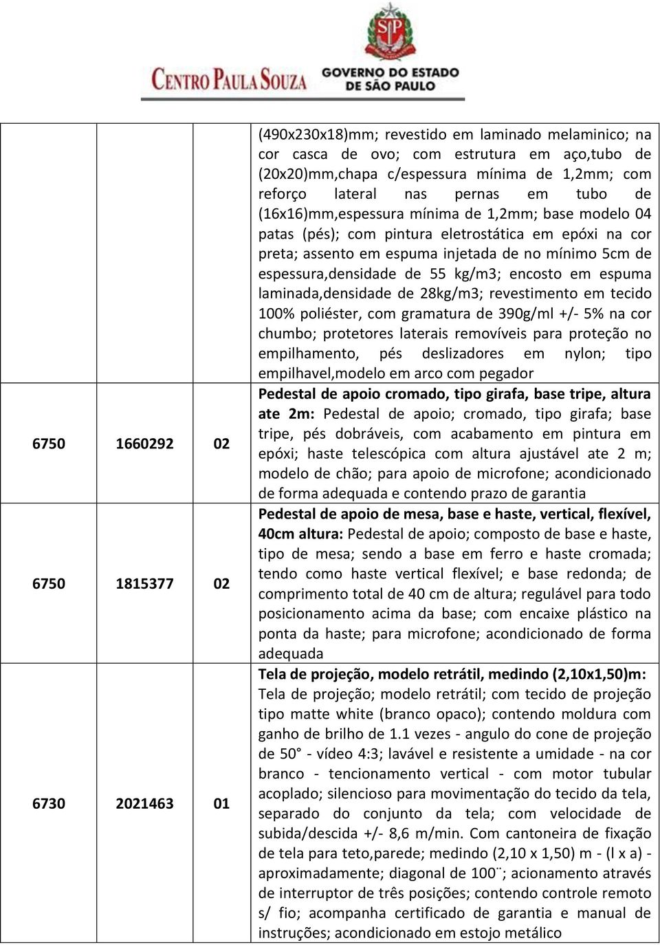 espessura,densidade de 55 kg/m3; encosto em espuma laminada,densidade de 28kg/m3; revestimento em tecido 100% poliéster, com gramatura de 390g/ml +/- 5% na cor chumbo; protetores laterais removíveis