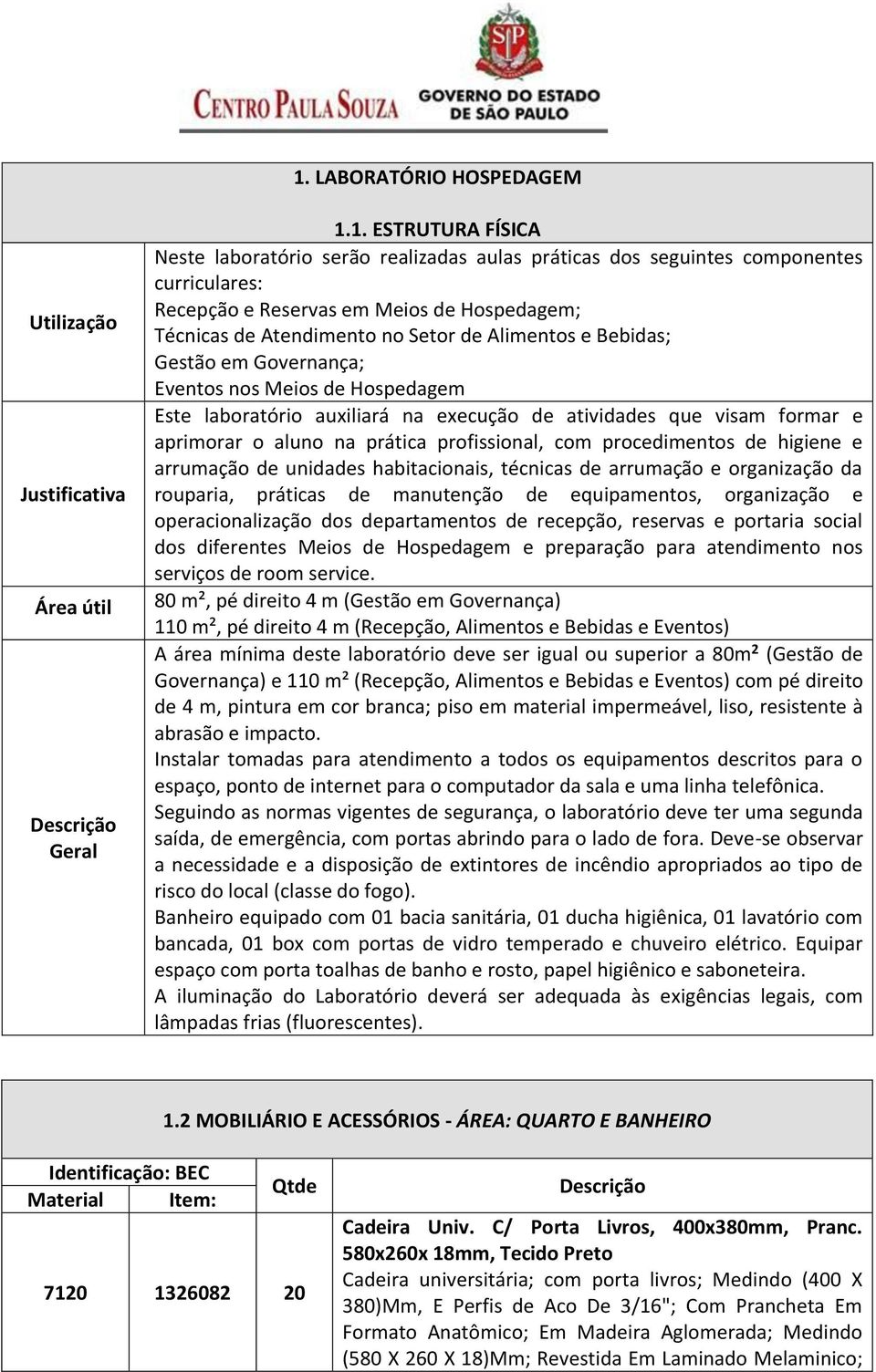 que visam formar e aprimorar o aluno na prática profissional, com procedimentos de higiene e arrumação de unidades habitacionais, técnicas de arrumação e organização da rouparia, práticas de