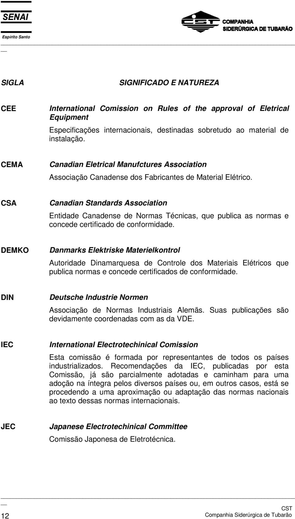 CSA Canadian Standards Association Entidade Canadense de Normas Técnicas, que publica as normas e concede certificado de conformidade.