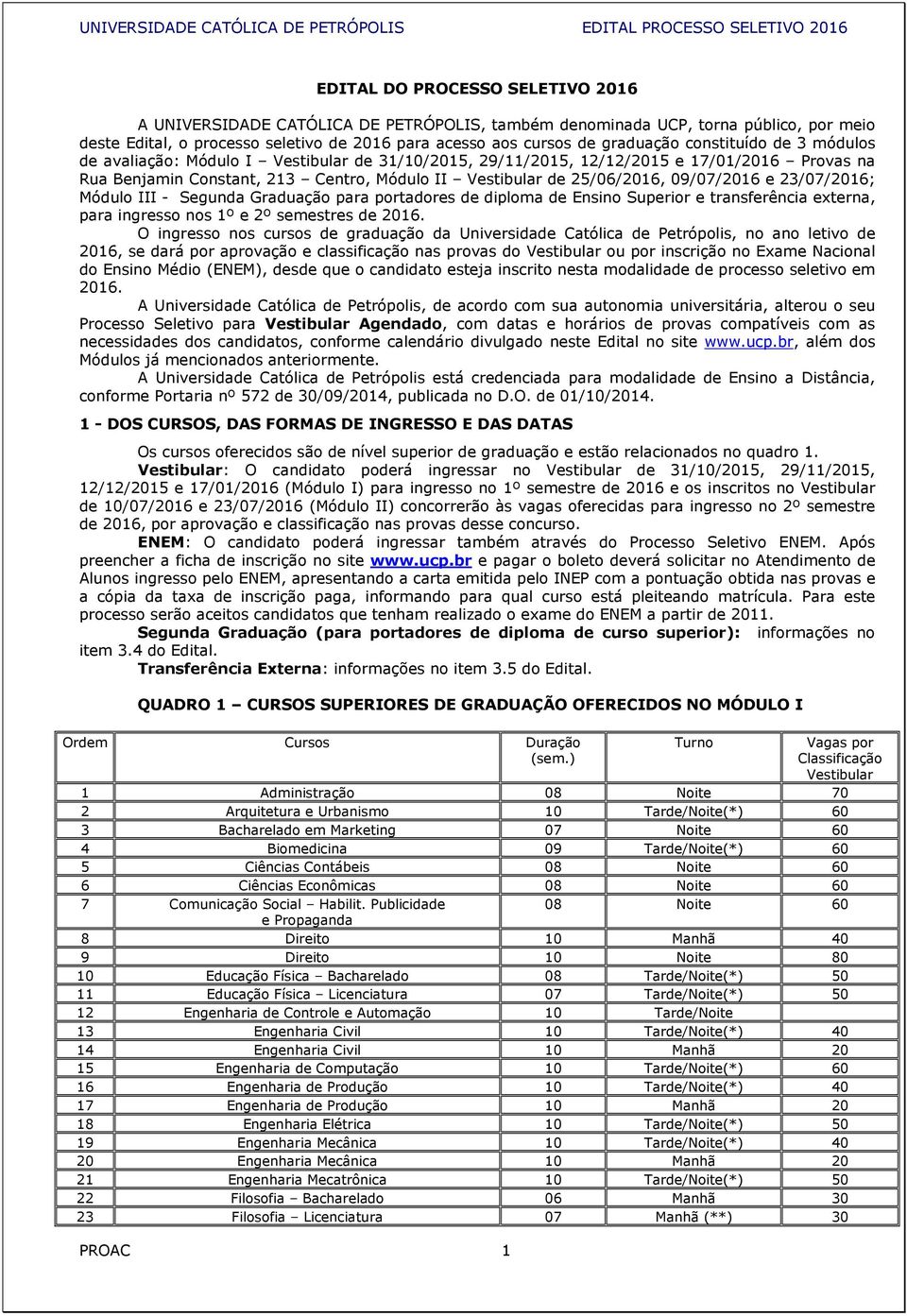 09/07/2016 e 23/07/2016; Módulo III - Segunda Graduação para portadores de diploma de Ensino Superior e transferência externa, para ingresso nos 1º e 2º semestres de 2016.