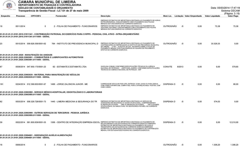 CORRENTE EXERCÍCIO. OUTROS/NÃO /0 0,00 73,38 73,38 01.01.01.01.31.0101.2010.31911341 - CONTRIBUIÇÃO PATRONAL DO EXERCÍCIO PARA O RPPS - PESSOAL CIVIL ATIVO - INTRA-ORÇAMENTÁRIO 01.01.01.01.31.0101.2010.31911341.0111000 - GERAL 23 0015/2014 009.