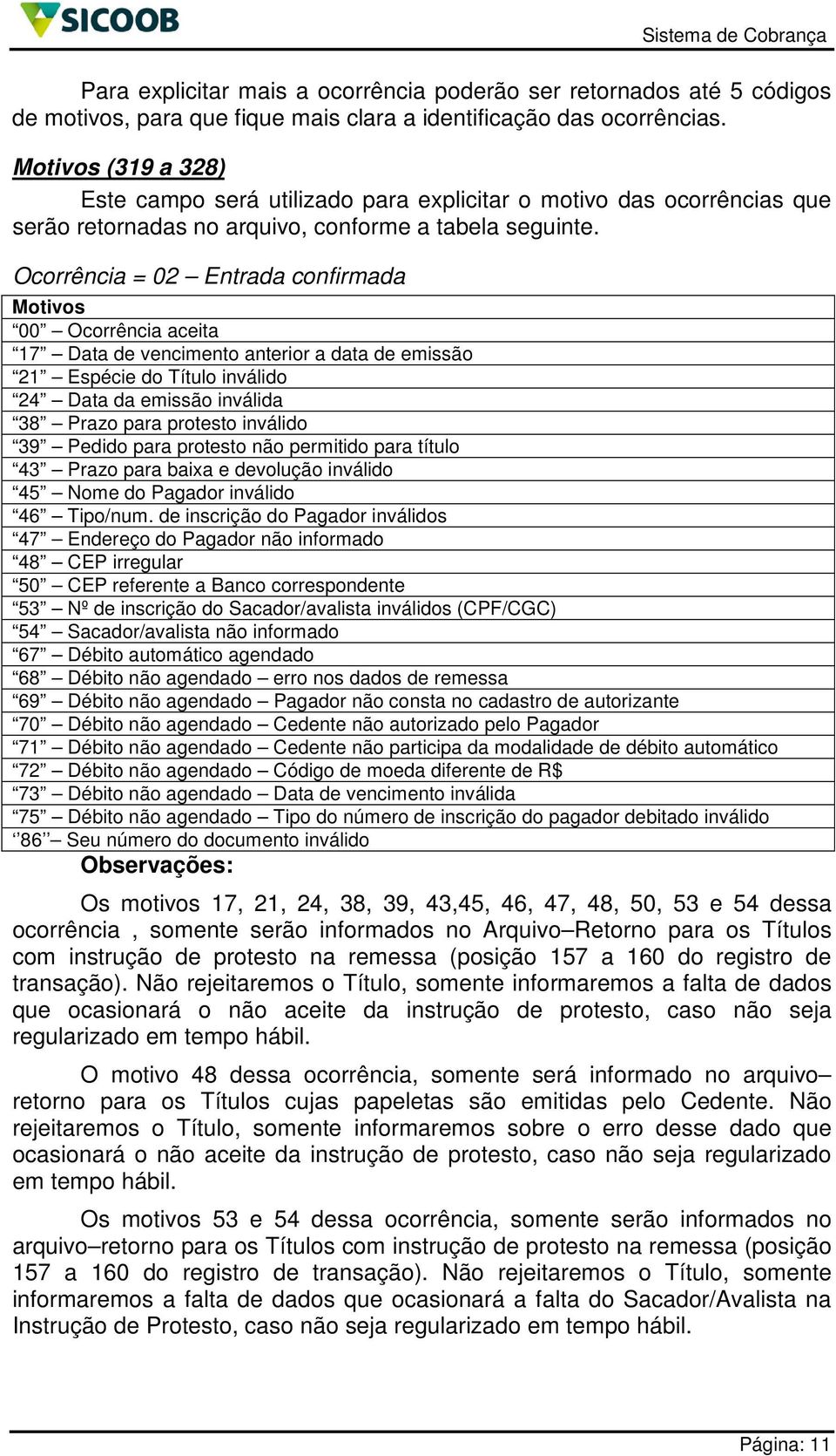 Ocorrência = 02 Entrada confirmada Motivos 00 Ocorrência aceita 17 Data de vencimento anterior a data de emissão 21 Espécie do Título inválido 24 Data da emissão inválida 38 Prazo para protesto