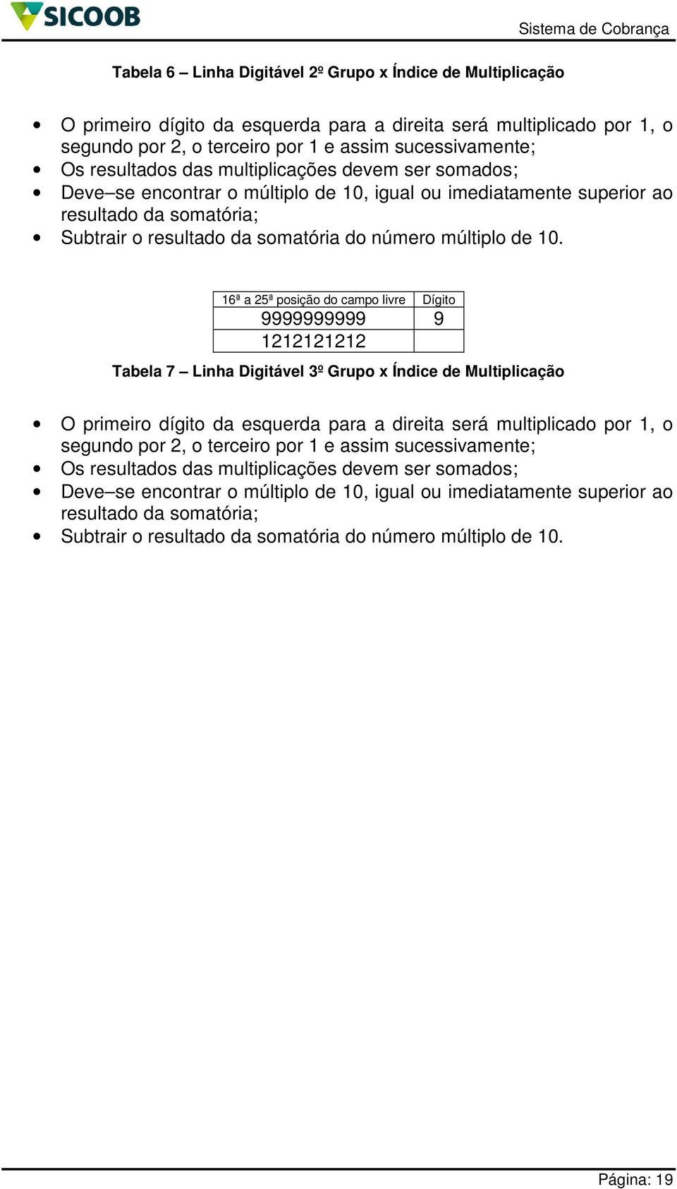 10. 16ª a 25ª posição do campo livre Dígito 9999999999 9 1212121212 Tabela 7 Linha Digitável 3º Grupo x Índice de Multiplicação O primeiro dígito da esquerda para a direita será multiplicado por 1, o