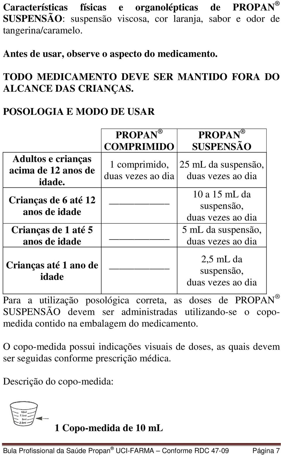 Crianças de 6 até 12 anos de idade Crianças de 1 até 5 anos de idade Crianças até 1 ano de idade PROPAN COMPRIMIDO 1 comprimido, PROPAN SUSPENSÃO 25 ml da suspensão, 10 a 15 ml da suspensão, 5 ml da