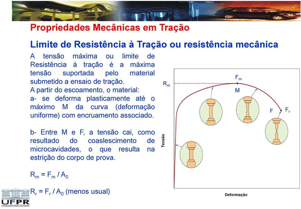 A partir do escoamento, o material: a- se deforma plasticamente até o máximo M da curva (deformação uniforme) com encruamento associado.