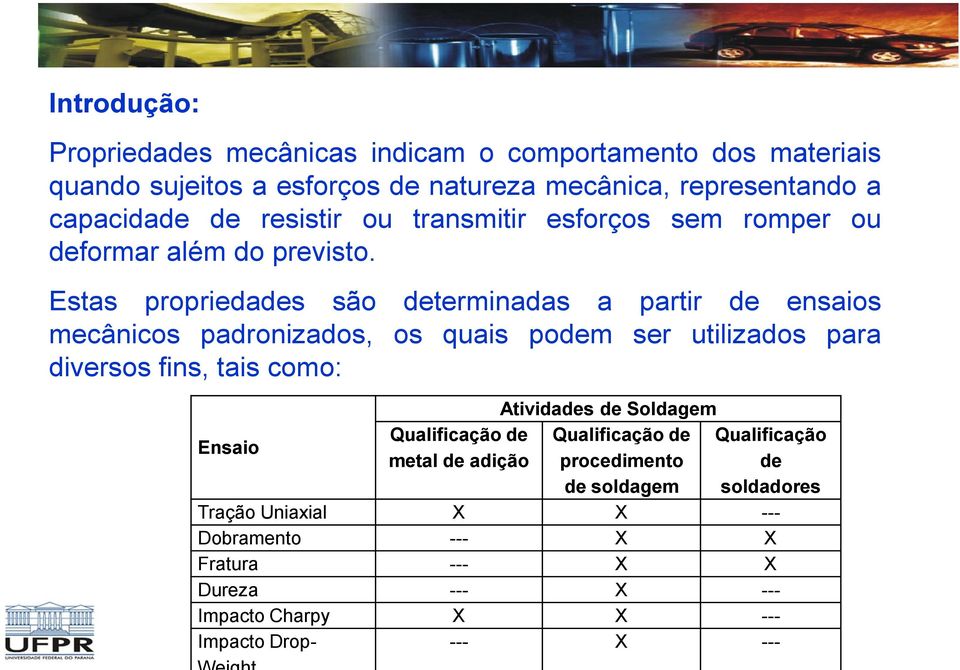 Estas propriedades são determinadas a partir de ensaios mecânicos padronizados, os quais podem ser utilizados para diversos fins, tais como: Ensaio