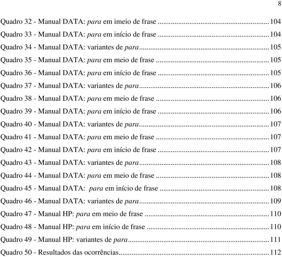 ..106 Quadro 38 - Manual DATA: para em meio de frase...106 Quadro 39 - Manual DATA: para em início de frase...106 Quadro 40 - Manual DATA: variantes de para.