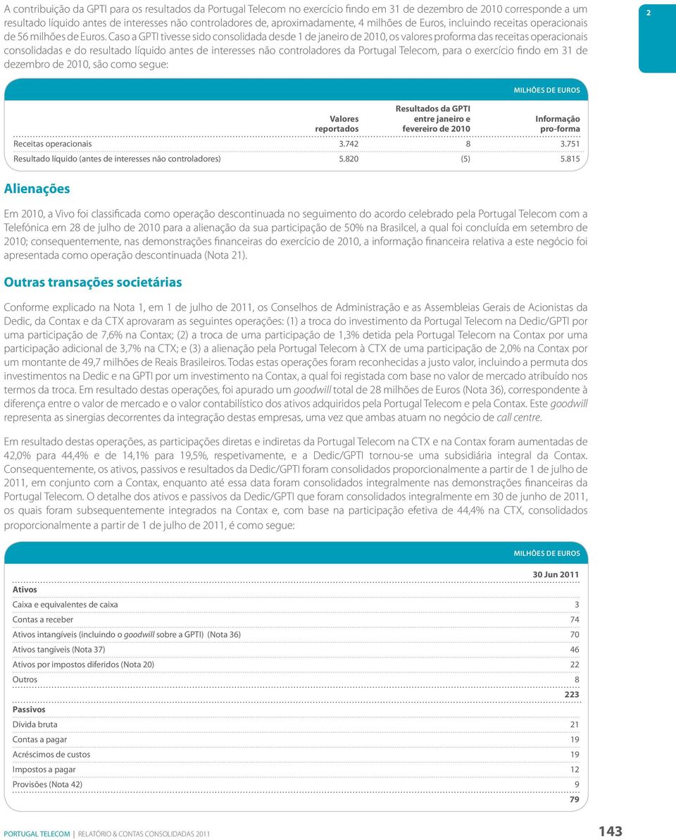 Caso a GPTI tivesse sido consolidada desde 1 de janeiro de 2010, os valores proforma das receitas operacionais consolidadas e do resultado líquido antes de interesses não controladores da Portugal