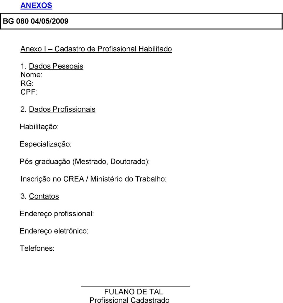 Dados Profissionais Habilitação: Especialização: Pós graduação (Mestrado,