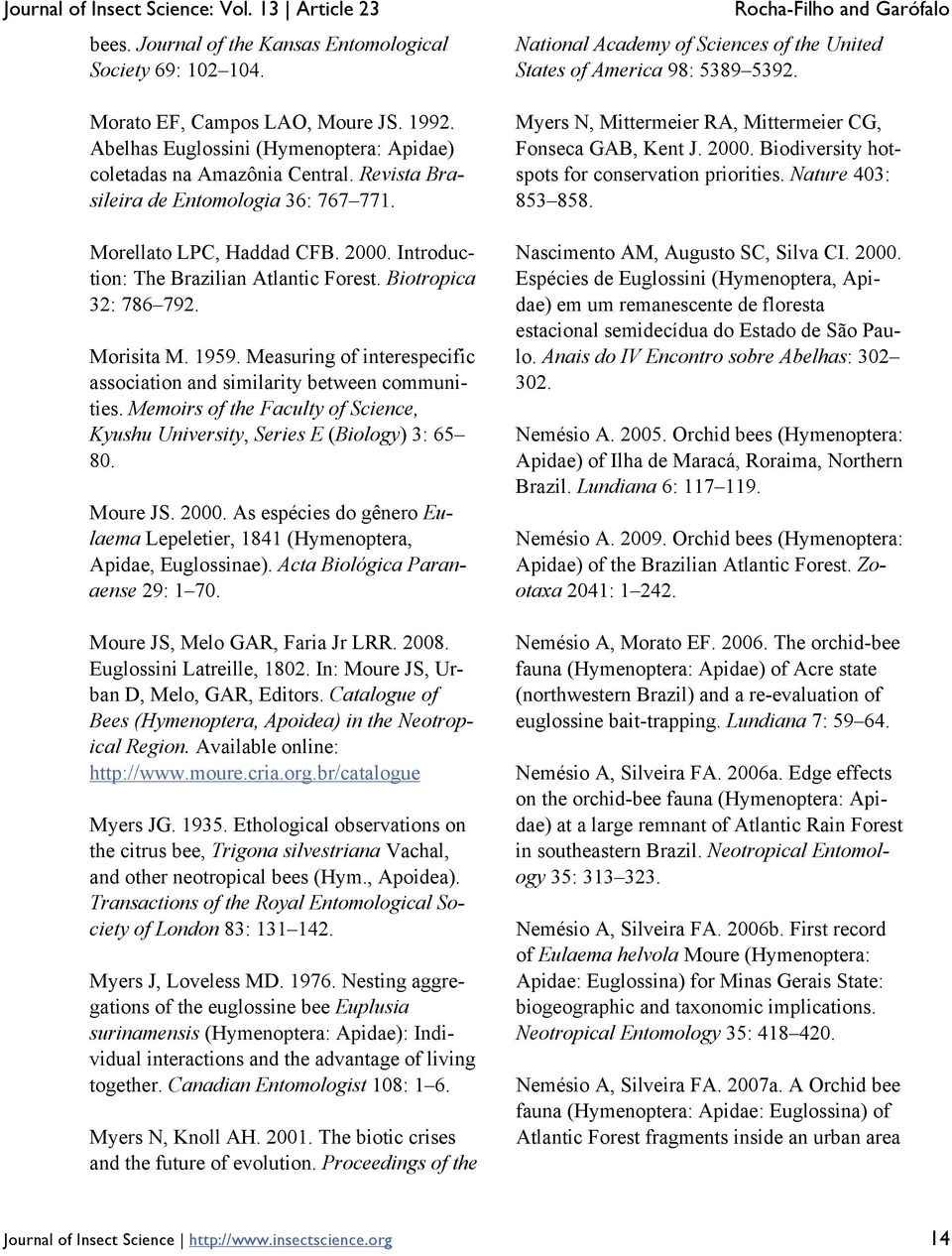 Measuring of interespecific association and similarity between communities. Memoirs of the Faculty of Science, Kyushu University, Series E (Biology) 3: 65 80. Moure JS. 2000.