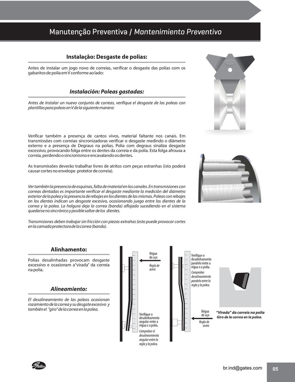 presença de cantos vivos, material faltante nos canais. Em transmissões com correias sincronizadoras verificar o desgaste medindo o diâmetro externo e a presença de Degraus na polias.