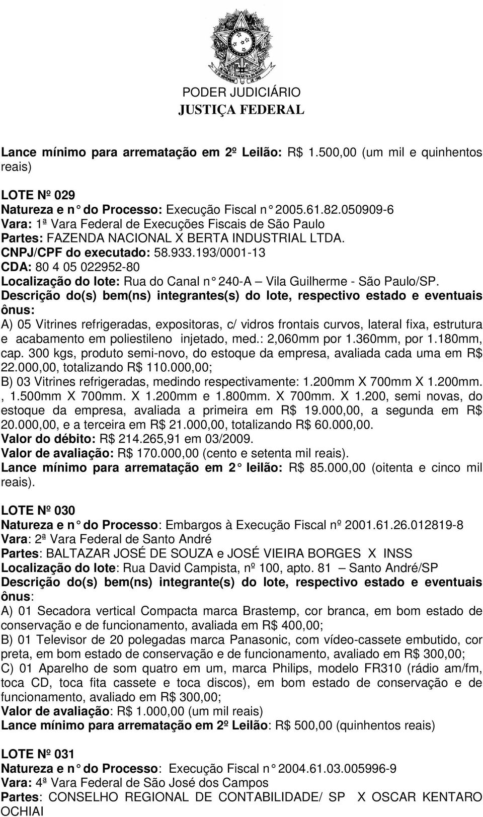 193/0001-13 CDA: 80 4 05 022952-80 Localização do lote: Rua do Canal n 240-A Vila Guilherme - São Paulo/ SP.