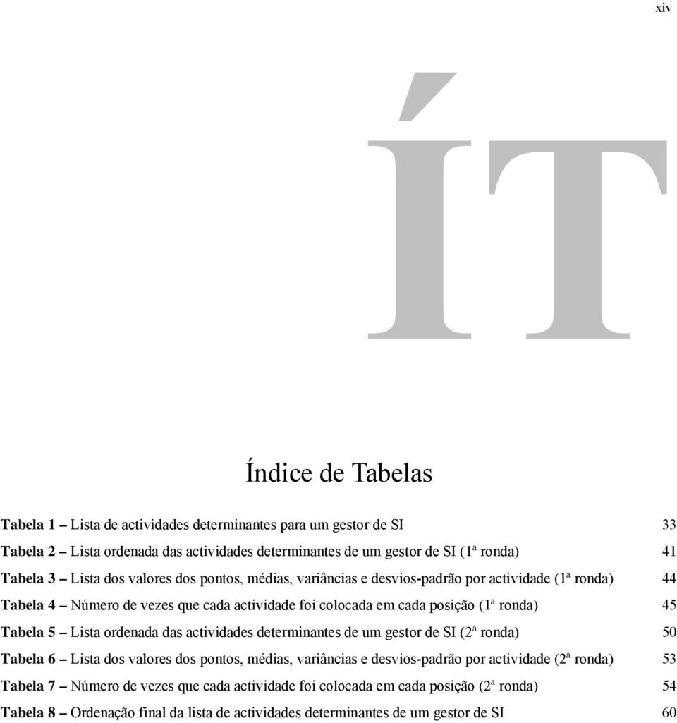 ronda) 45 Tabela 5 Lista ordenada das actividades determinantes de um gestor de SI (2ª ronda) 50 Tabela 6 Lista dos valores dos pontos, médias, variâncias e desvios-padrão por