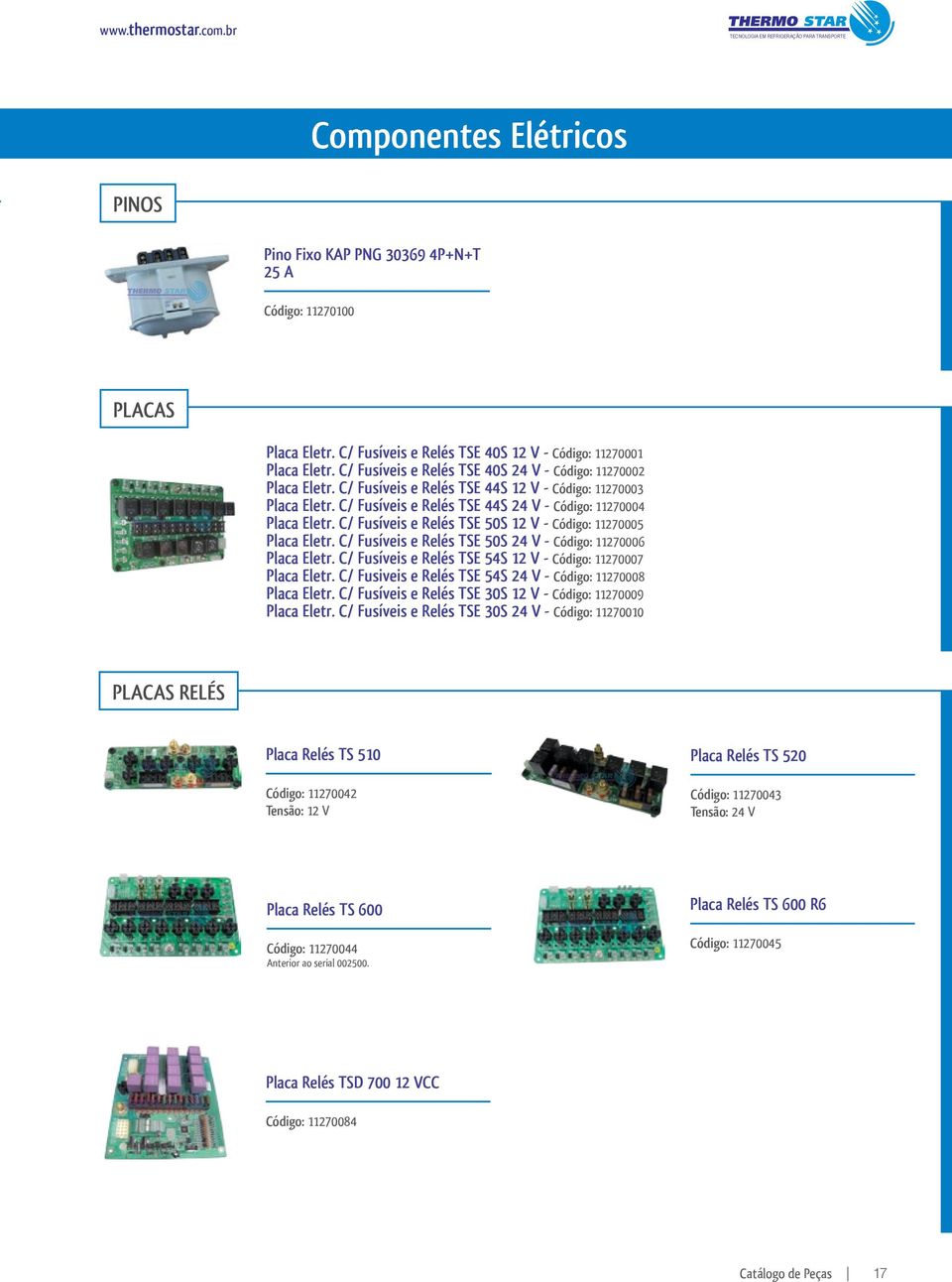 C/ Fusíveis e Relés TSE 50S 12 V - Código: 11270005 Placa Eletr. C/ Fusíveis e Relés TSE 50S 24 V - Código: 11270006 Placa Eletr. C/ Fusíveis e Relés TSE 54S 12 V - Código: 11270007 Placa Eletr.