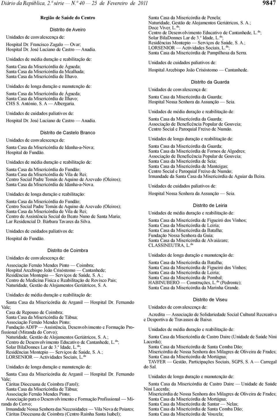 António, S. A Albergaria. Hospital Dr. José Luciano de Castro Anadia. Distrito de Castelo Branco Santa Casa da Misericórdia de Idanha -a-nova; Hospital do Fundão.