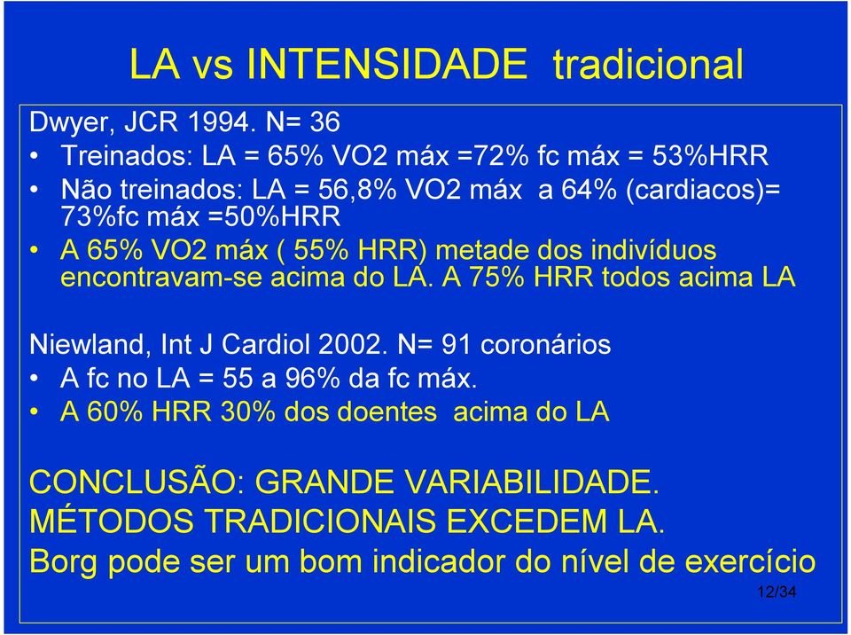 65% VO2 máx ( 55% HRR) metade dos indivíduos encontravam se acima do LA. A 75% HRR todos acima LA Niewland, Int J Cardiol 2002.