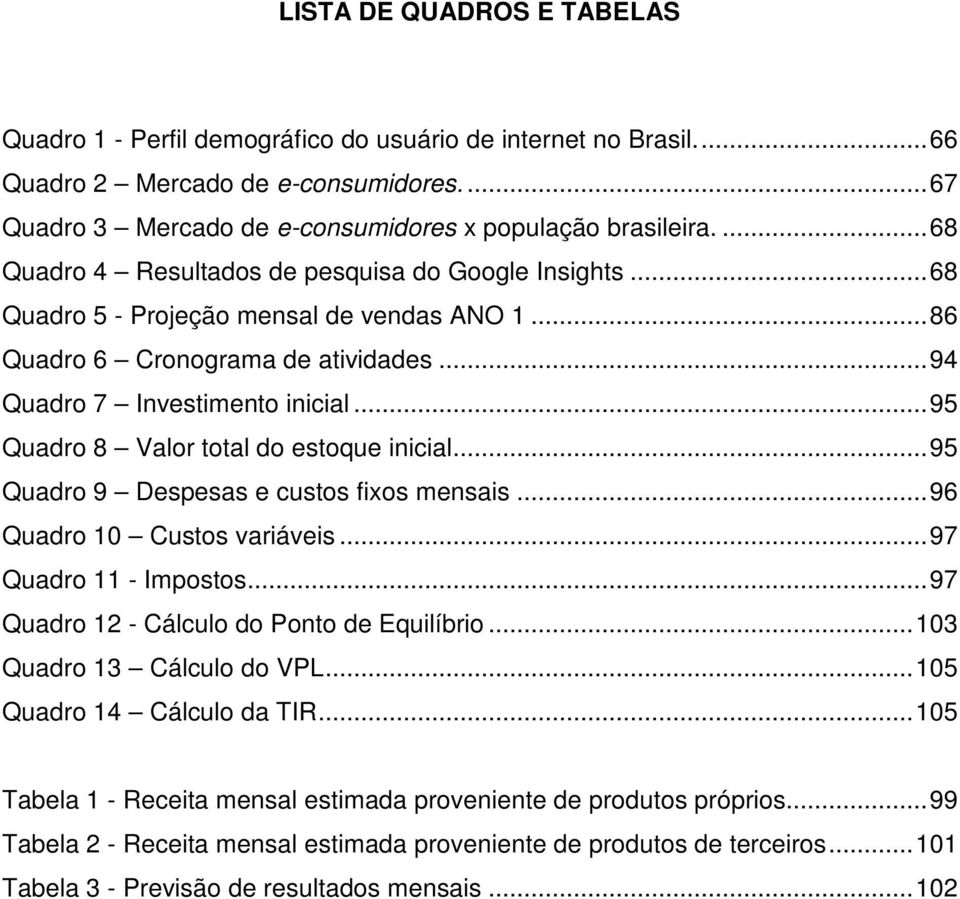 .. 95 Quadro 8 Valor total do estoque inicial... 95 Quadro 9 Despesas e custos fixos mensais... 96 Quadro 10 Custos variáveis... 97 Quadro 11 - Impostos... 97 Quadro 12 - Cálculo do Ponto de Equilíbrio.