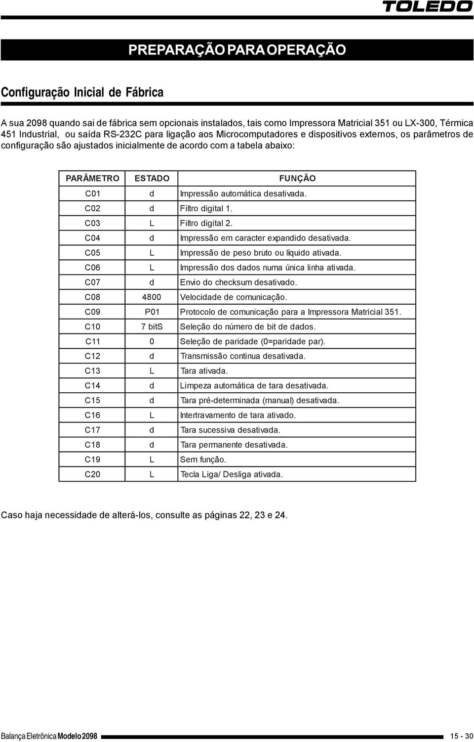 Impressão automática desativada. C02 d Filtro digital 1. C03 L Filtro digital 2. C04 d Impressão em caracter expandido desativada. C05 L Impressão de peso bruto ou líquido ativada.