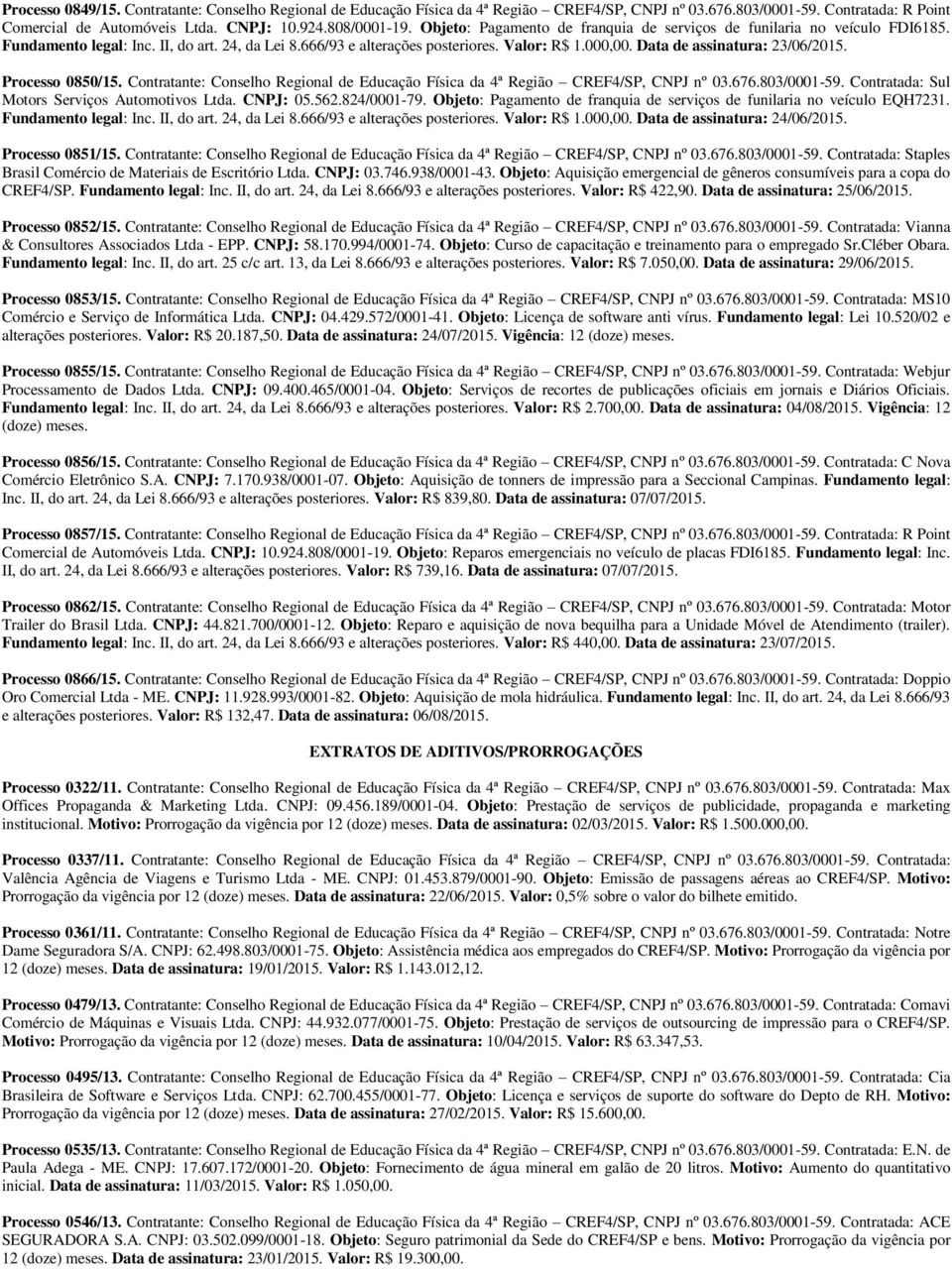 Data de assinatura: 23/06/2015. Processo 0850/15. Contratante: Conselho Regional de Educação Física da 4ª Região CREF4/SP, CNPJ nº 03.676.803/0001-59. Contratada: Sul Motors Serviços Automotivos Ltda.