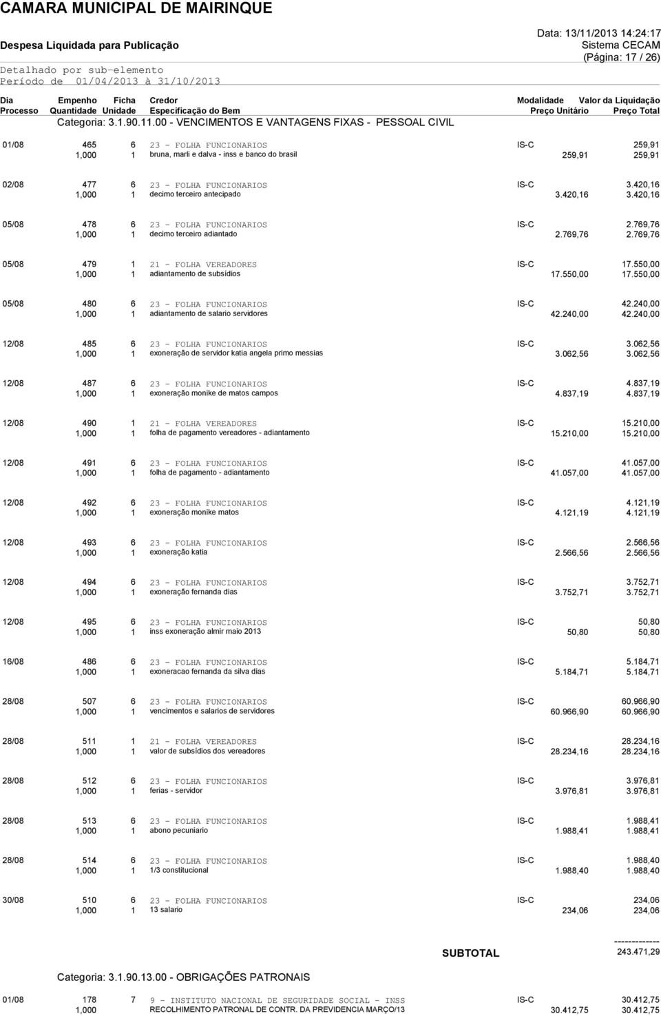 FUNCIONARIOS IS-C 3.420,16 1,000 1 decimo terceiro antecipado 3.420,16 3.420,16 05/08 478 6 23 - FOLHA FUNCIONARIOS IS-C 2.769,76 1,000 1 decimo terceiro adiantado 2.769,76 2.