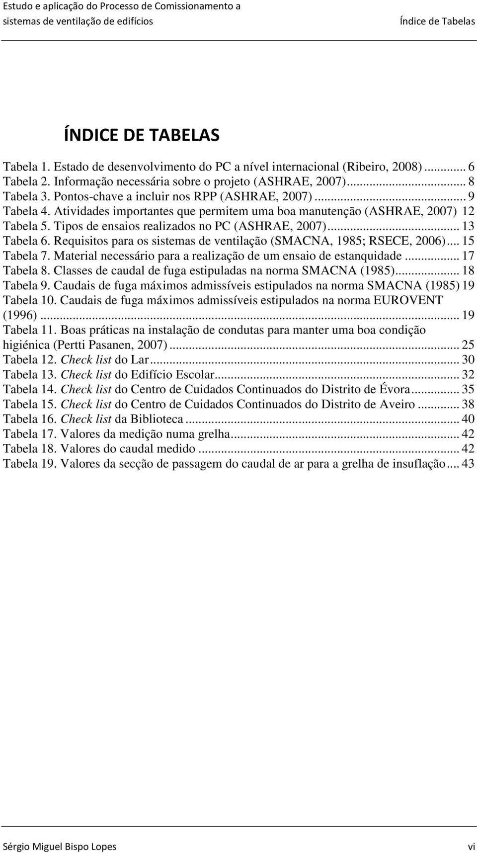.. 13 Tabela 6. Requisitos para os sistemas de ventilação (SMACNA, 1985; RSECE, 2006)... 15 Tabela 7. Material necessário para a realização de um ensaio de estanquidade... 17 Tabela 8.