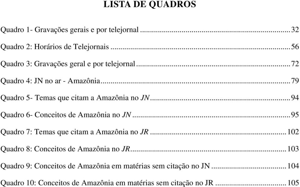 .. 79 Quadro 5- Temas que citam a Amazônia no JN... 94 Quadro 6- Conceitos de Amazônia no JN.