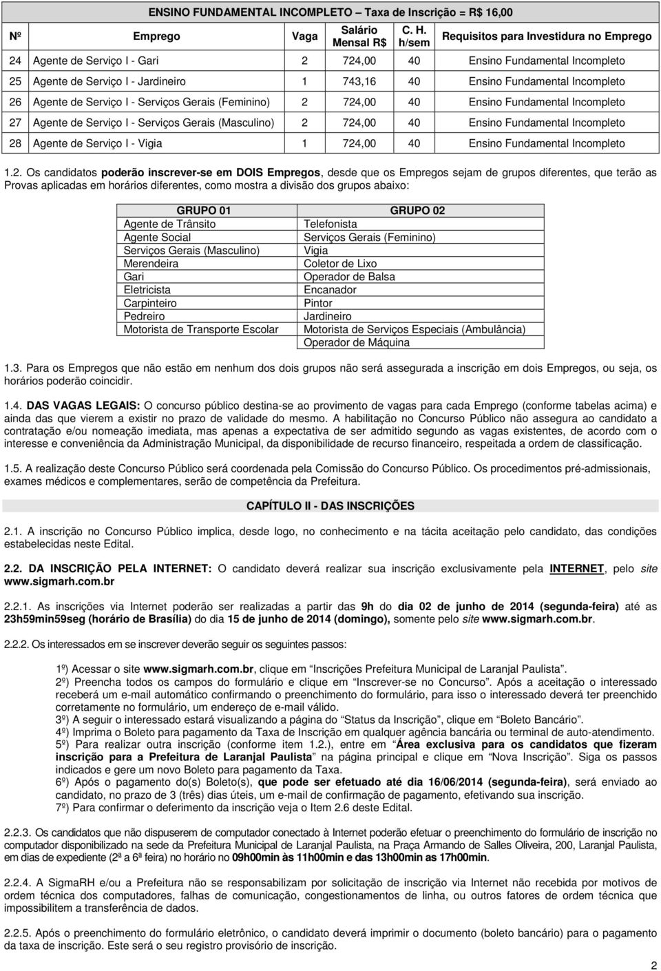 Agente de Serviço I - Serviços Gerais (Feminino) 2 724,00 40 Ensino Fundamental Incompleto 27 Agente de Serviço I - Serviços Gerais (Masculino) 2 724,00 40 Ensino Fundamental Incompleto 28 Agente de