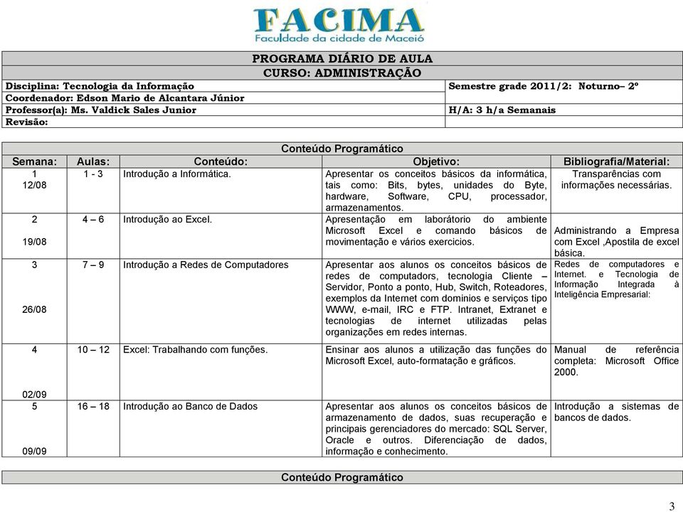 hardware, Software, CPU, processador, 2 19/08 3 26/08 4 armazenamentos. 4 6 Introdução ao Excel.