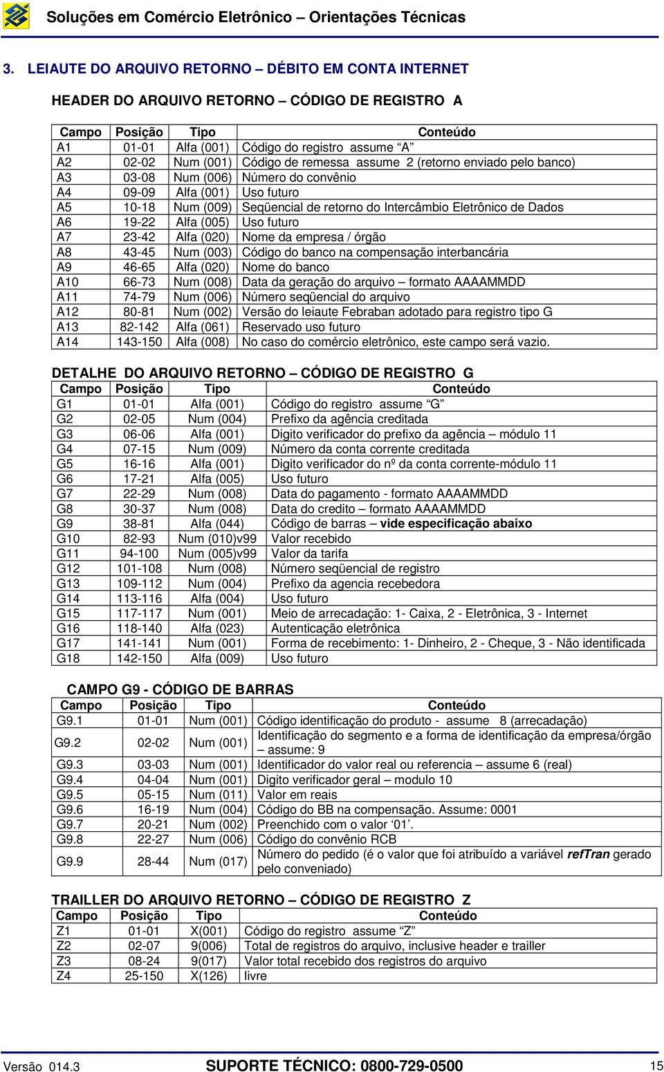 Dados A6 19-22 Alfa (005) Uso futuro A7 23-42 Alfa (020) Nome da empresa / órgão A8 43-45 Num (003) Código do banco na compensação interbancária A9 46-65 Alfa (020) Nome do banco A10 66-73 Num (008)