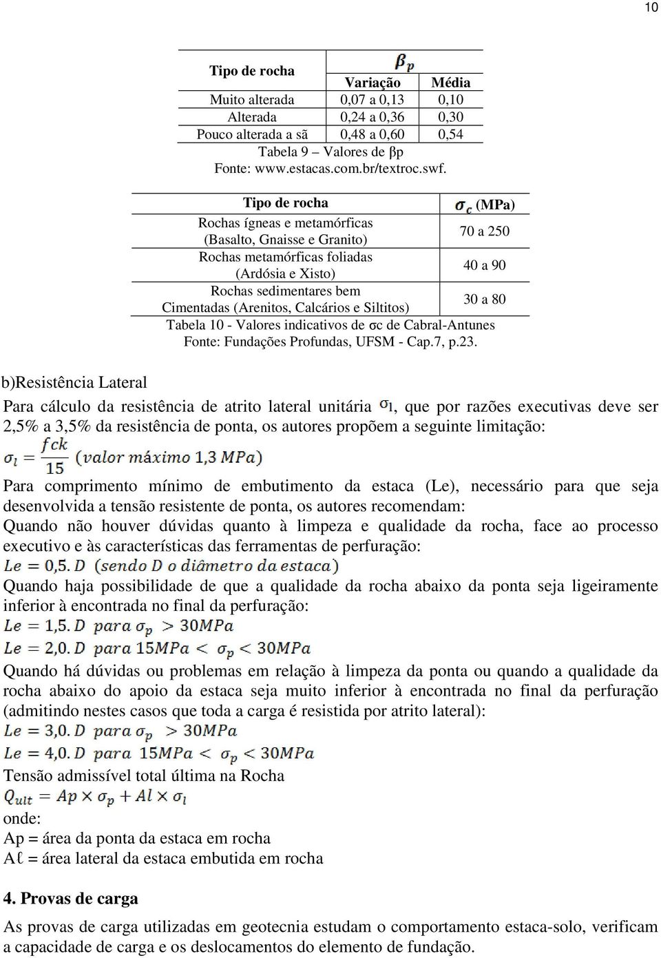 Siltitos) 30 a 80 Tabela 10 - Valores indicativos de σc de Cabral-Antunes Fonte: Fundações Profundas, UFSM - Cap.7, p.23.